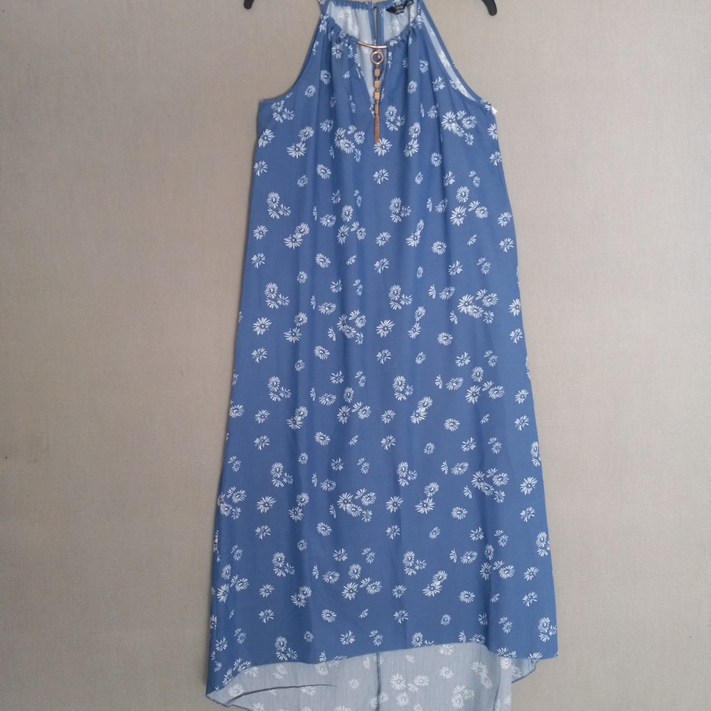 Mlle Gabrielle Blue and White Halter Floral Dress Jewerly Accent Size S